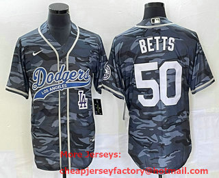 Men's Los Angeles Dodgers #50 Mookie Betts Gray Camo Cool Base With Patch Stitched Baseball Jersey 01