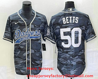 Men's Los Angeles Dodgers #50 Mookie Betts Gray Camo Cool Base With Patch Stitched Baseball Jersey 02