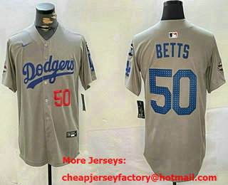 Men's Los Angeles Dodgers #50 Mookie Betts Grey 2024 World Series Champions Fernando 34 Patch Limited Fashion Jersey
