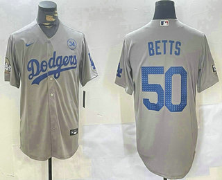 Men's Los Angeles Dodgers #50 Mookie Betts Grey 2024 World Series Fashion Cool Stitched Jersey