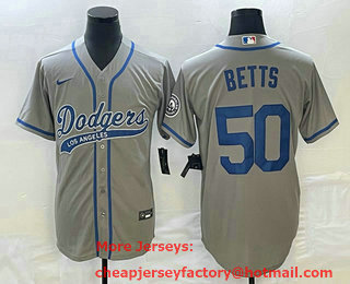 Men's Los Angeles Dodgers #50 Mookie Betts Grey With Patch Cool Base Stitched Baseball Jersey 01