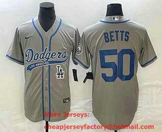 Men's Los Angeles Dodgers #50 Mookie Betts Grey With Patch Cool Base Stitched Baseball Jersey 02