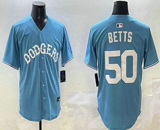 Men's Los Angeles Dodgers #50 Mookie Betts Light Blue Limited Throwback Stitched Jersey