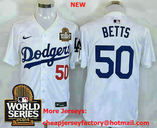 Men's Los Angeles Dodgers #50 Mookie Betts White 2024 World Series Elite Stitched Jersey