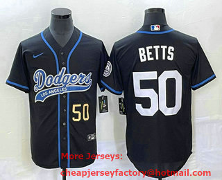 Men's Los Angeles Dodgers #50 Mookie Betts Number Black With Patch Cool Base Stitched Baseball Jersey 01