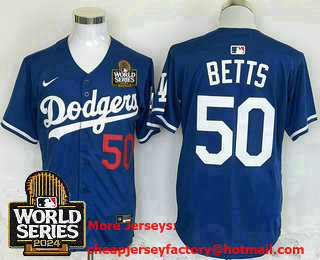 Men's Los Angeles Dodgers #50 Mookie Betts Number Blue 2024 World Series Limited Stitched Jersey