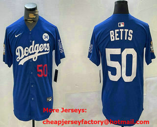 Men's Los Angeles Dodgers #50 Mookie Betts Number Blue 2024 World Series With Fernando 34 Patch Limited Stitched Jersey