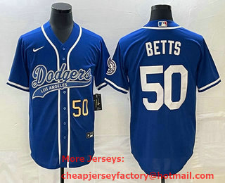 Men's Los Angeles Dodgers #50 Mookie Betts Number Blue Cool Base Stitched Baseball Jersey