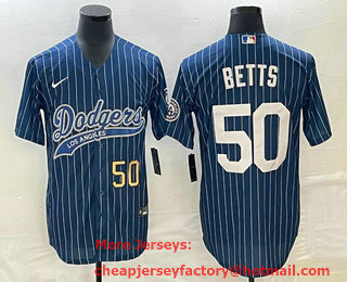 Men's Los Angeles Dodgers #50 Mookie Betts Number Blue Pinstripe Cool Base Stitched Baseball Jersey