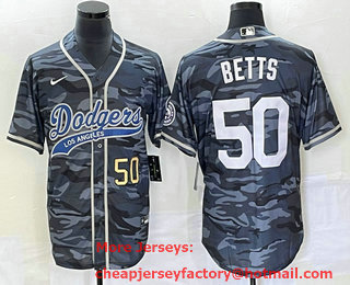 Men's Los Angeles Dodgers #50 Mookie Betts Number Gray Camo Cool Base With Patch Stitched Baseball Jersey 01