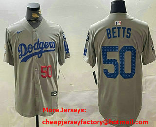 Men's Los Angeles Dodgers #50 Mookie Betts Number Grey 2024 World Series Limited Fashion Stitched Jersey