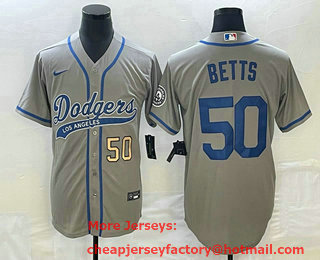 Men's Los Angeles Dodgers #50 Mookie Betts Number Grey With Patch Cool Base Stitched Baseball Jersey 01