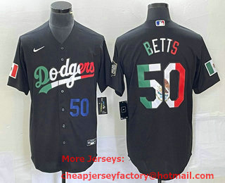Men's Los Angeles Dodgers #50 Mookie Betts Number Mexico Black Cool Base Stitched Baseball Jersey 02