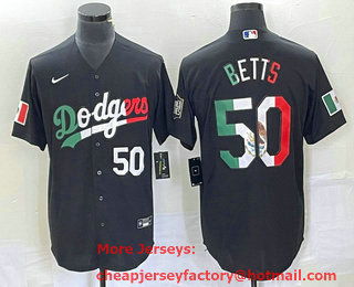 Men's Los Angeles Dodgers #50 Mookie Betts Number Mexico Black Cool Base Stitched Baseball Jersey 03