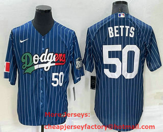Men's Los Angeles Dodgers #50 Mookie Betts Number Navy Blue Pinstripe 2020 World Series Cool Base Nike Jersey 01