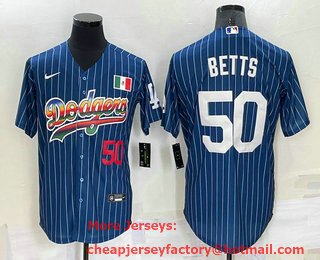 Men's Los Angeles Dodgers #50 Mookie Betts Number Rainbow Blue Red Pinstripe Mexico Cool Base Nike Jersey 01