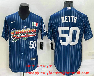 Men's Los Angeles Dodgers #50 Mookie Betts Number Rainbow Blue Red Pinstripe Mexico Cool Base Nike Jersey