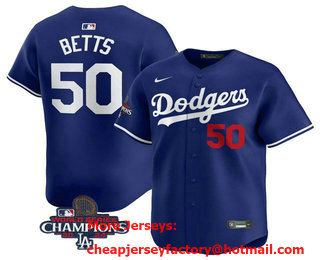 Men's Los Angeles Dodgers #50 Mookie Betts Number Royal 2024 World Series Champions Limited Stitched Jersey