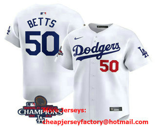 Men's Los Angeles Dodgers #50 Mookie Betts Number White 2024 World Series Champions Limited Stitched Jersey