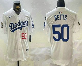 Men's Los Angeles Dodgers #50 Mookie Betts Number White 2024 World Series With Fernando 34 Fashion Limited Stitched Jersey