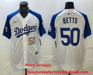 Men's Los Angeles Dodgers #50 Mookie Betts Number White Blue Fashion Stitched Cool Base Limited Jersey 11