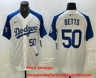 Men's Los Angeles Dodgers #50 Mookie Betts Number White Blue Fashion Stitched Cool Base Limited Jersey 12