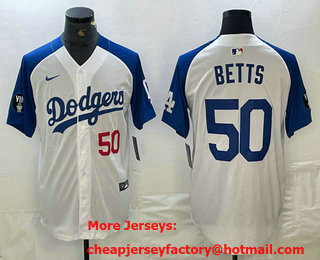 Men's Los Angeles Dodgers #50 Mookie Betts Number White Blue Fashion Stitched Cool Base Limited Jersey 13