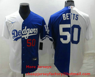 Men's Los Angeles Dodgers #50 Mookie Betts Number White Blue Split Cool Base Stitched Baseball Jersey