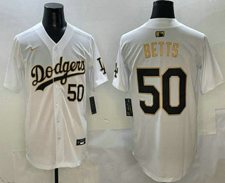 Men's Los Angeles Dodgers #50 Mookie Betts Number White Gold Stitched Cool Base Jersey