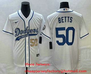 Men's Los Angeles Dodgers #50 Mookie Betts Number White With Patch Cool Base Stitched Baseball Jersey 01