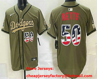 Men's Los Angeles Dodgers #50 Mookie Betts Olive 2026 Armed Forces Day USA 250 Fourth of July Stitched Jersey
