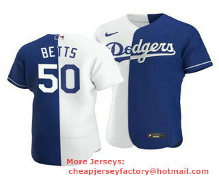 Men's Los Angeles Dodgers #50 Mookie Betts Split White Blue Two Tone Stitched MLB Flex Base Nike Jersey