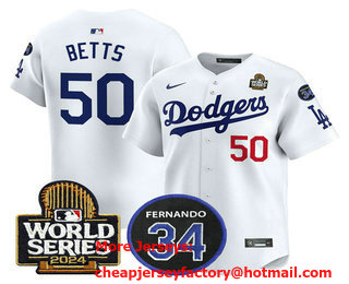 Men's Los Angeles Dodgers #50 Mookie Betts White 2024 World Series With Fernando 34 Patch Limited Stitched Jersey