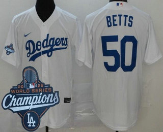 Men's Los Angeles Dodgers #50 Mookie Betts White 2025 World Series Champions Cool Base Jersey