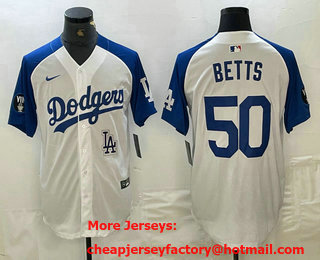 Men's Los Angeles Dodgers #50 Mookie Betts White Blue Fashion Stitched Cool Base Limited Jersey 12