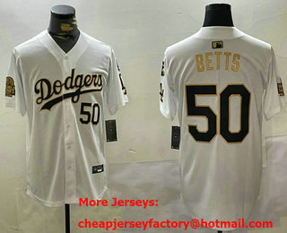 Men's Los Angeles Dodgers #50 Mookie Betts White Gold 2024 World Series Stitched Cool Base Jersey