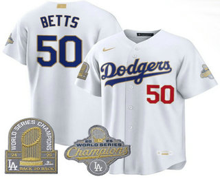 Men's Los Angeles Dodgers #50 Mookie Betts White Gold 9x Champs Collection Stadium Jersey
