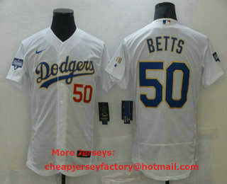 Men's Los Angeles Dodgers #50 Mookie Betts White Gold Championship Flex Base Sttiched MLB Jersey