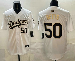 Men's Los Angeles Dodgers #50 Mookie Betts White Gold Limited Stitched Jersey