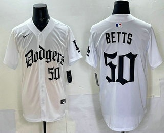 Men's Los Angeles Dodgers #50 Mookie Betts White Gothic Style Vapor Limited Stitched Baseball Jersey