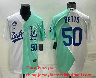 Men's Los Angeles Dodgers #50 Mookie Betts White Green Number 2022 Celebrity Softball Game Cool Base Jersey 01