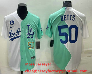 Men's Los Angeles Dodgers #50 Mookie Betts White Green Number 2022 Celebrity Softball Game Cool Base Jersey 02