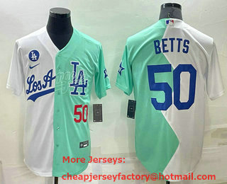 Men's Los Angeles Dodgers #50 Mookie Betts White Green Number 2022 Celebrity Softball Game Cool Base Jersey 03
