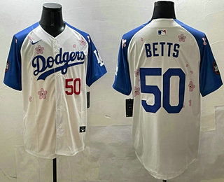 Men's Los Angeles Dodgers #50 Mookie Betts White Royal 2025 Tokyo Series Limited Stitched Jersey
