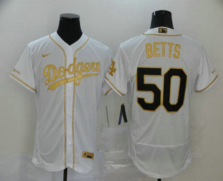 Men's Los Angeles Dodgers #50 Mookie Betts White With Gold Stitched MLB Flex Base Nike Jersey