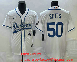 Men's Los Angeles Dodgers #50 Mookie Betts White With Patch Cool Base Stitched Baseball Jersey 01