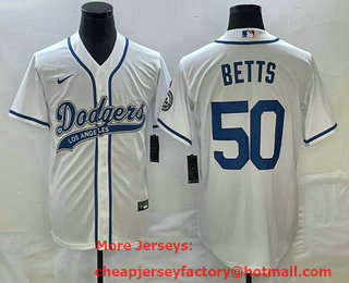 Men's Los Angeles Dodgers #50 Mookie Betts White With Patch Cool Base Stitched Baseball Jersey 02