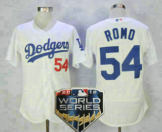 Men's Los Angeles Dodgers #54 Sergio Romo White Home 2018 World Series Patch Stitched MLB Majestic Flex Base Jersey