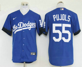 Men's Los Angeles Dodgers #55 Albert Pujols Blue 2021 City Connect Cool Base Stitched Jersey