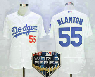 Men's Los Angeles Dodgers #55 Joe Blanton White Home 2018 World Series Patch Stitched MLB Majestic Flex Base Jersey